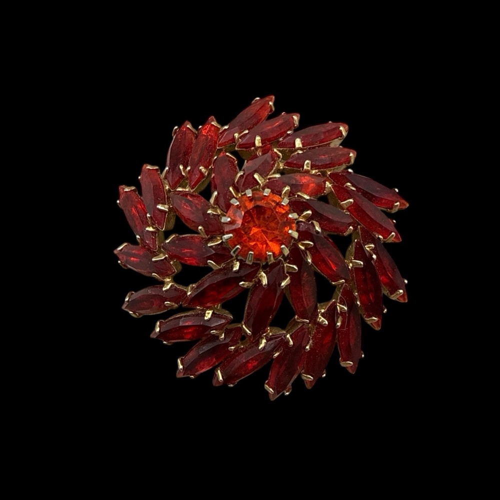Vintage 1968 Emmons Gold Tone Wildfire Red Navette Rhinestone Domed Brooch